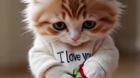 Cute cat says I love you with red rose