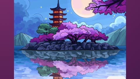 Serene Pagoda Reflected in Tranquil Lake Amidst Blossoming Trees Under Moonlight