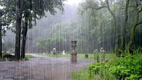 A park filled with pouring rain and the soothing sound of rain - the sound of nature that is good