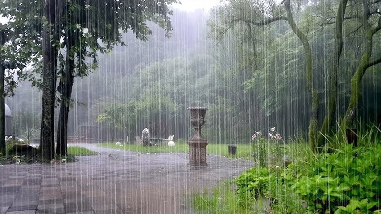 A park filled with pouring rain and the soothing sound of rain - the sound of nature that is good