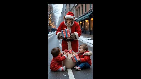 santa monkey give gifts to babys