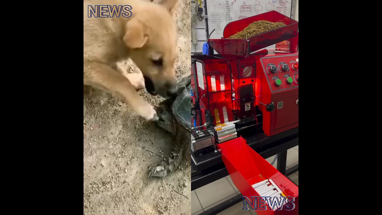 How cigarettes are made. A turtle is biting and holding a dog's leg.