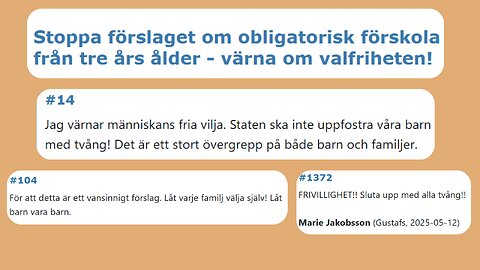 Stoppa förslaget om obligatorisk förskola från tre års ålder - värna om valfriheten!