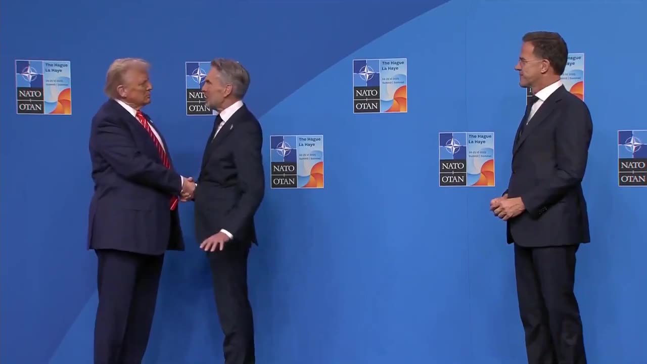 President Donald Trump arrives at the NATO summit in The Hague.
