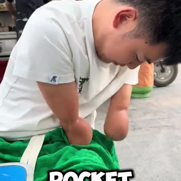 Hero boy eat noodles without hands