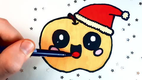 🍎✨ How to Draw a Yellow Apple in a Santa Hat 🎅🎄