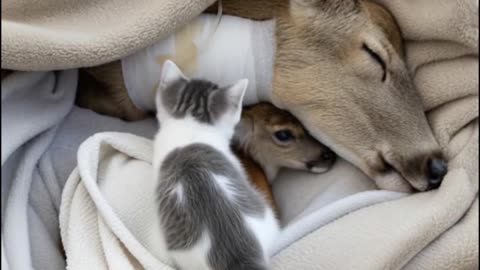 A Kind Kitten Comforts an Injured Deer Family