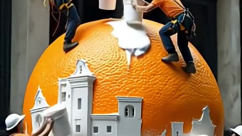 Tiny Workers Painting a Giant Real Orange