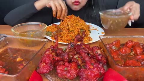 ASMR EATING SPICY CHILLI CHICKEN,MANCHURIAN,CHICKEN LOLLIPOP,NOODLES