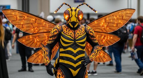 A Man Wearing a Fire Bee Cosplay Costumes Walking in 4k