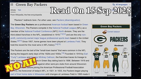 Green Bay Packers (No AI) - 15 September 2025