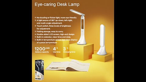 Rechargeable Foldable Eye-caring Desk Lamp, with Adjustable Brightness, Time, Date & Temperature