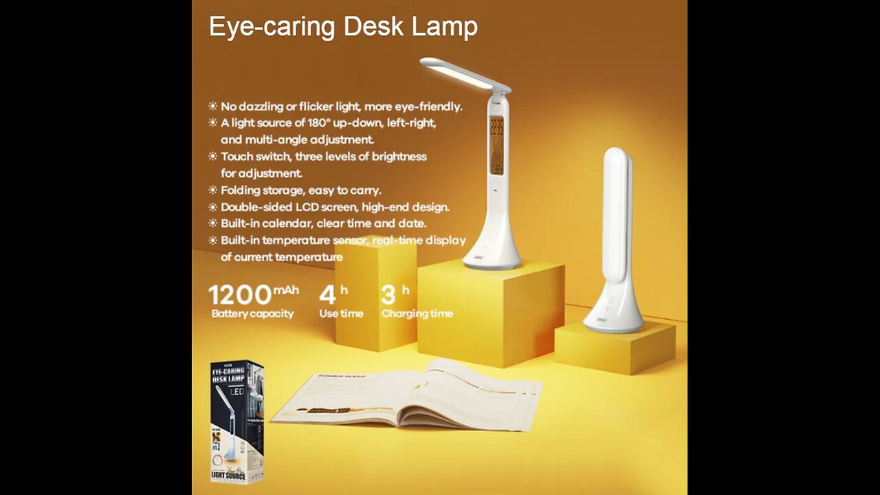 Rechargeable Foldable Eye-caring Desk Lamp, with Adjustable Brightness, Time, Date & Temperature