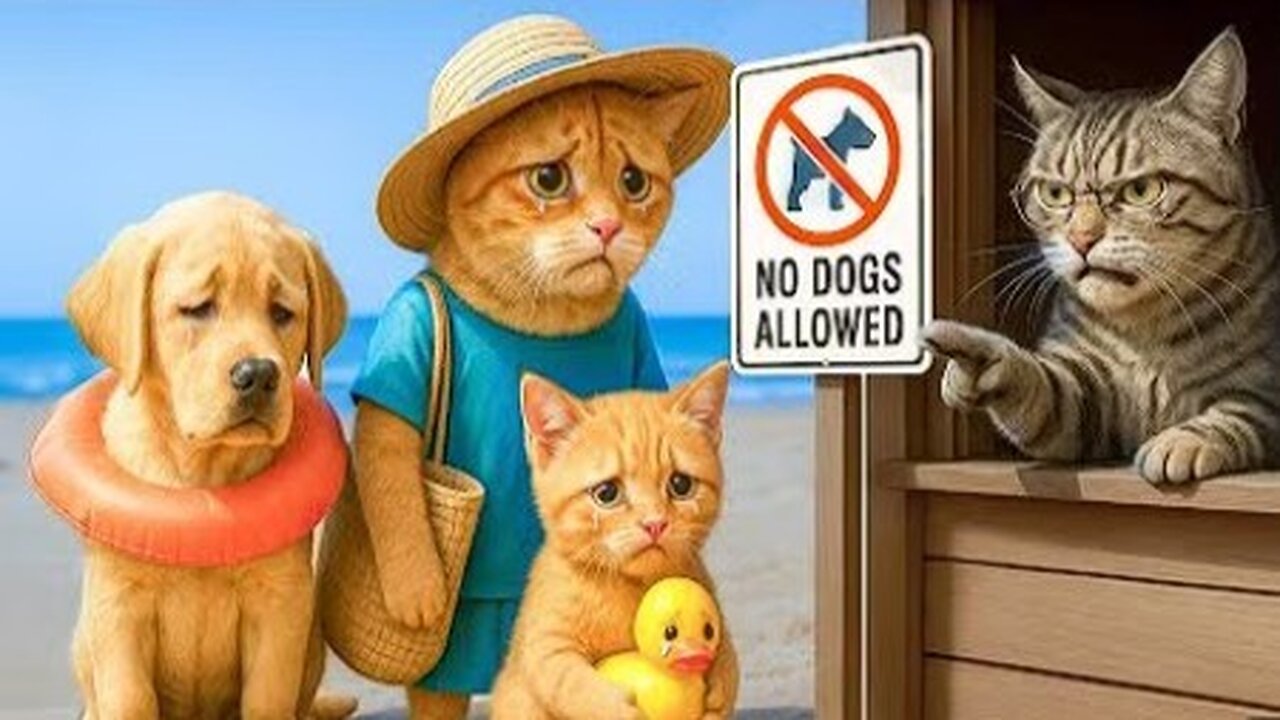 Puppy Banned from Beach! Mama Cat & Ginger Make a Disguise Hat to Help Him Swim 🐾😼