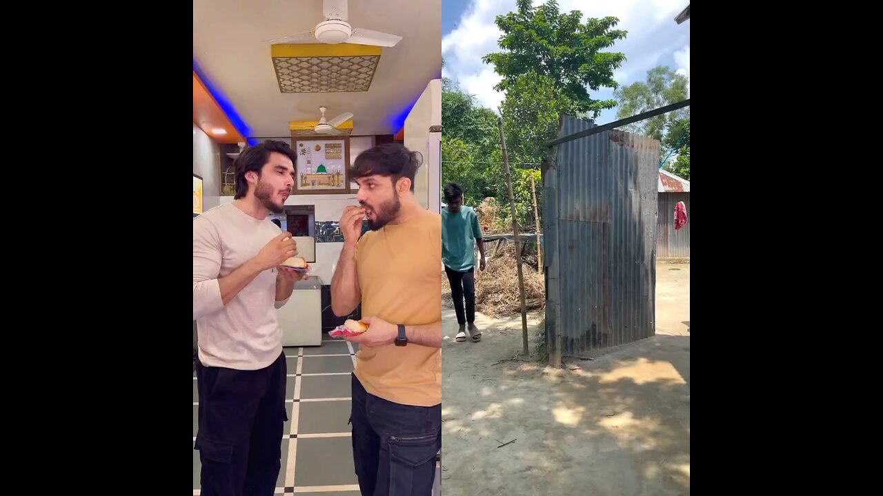 The boy gets splashed with water. He keeps looking at the food.
