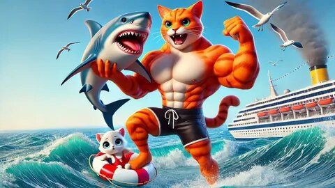 Orange cat fight with a shark. Ai cartoon orange fat cat funny video