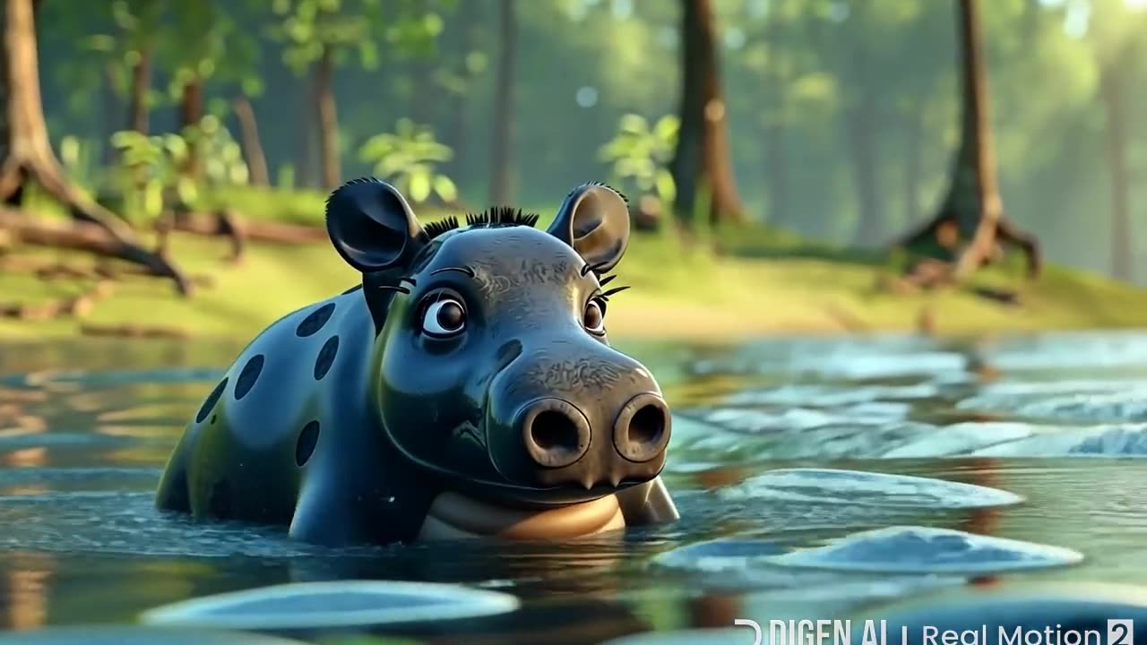 "Hippo Glide 🦛✨ | A Tranquil Swim Through an Animated Forest Stream"