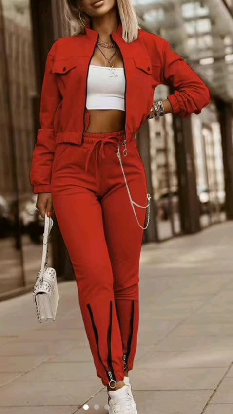 Two-Piece Solid Color Set—Cropped Zip-Up Jacket with Pockets & Comfy Drawstring High-Waist Pants!