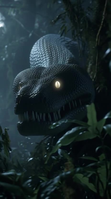 a massive, thick python slithering through a dense and eerie jungle