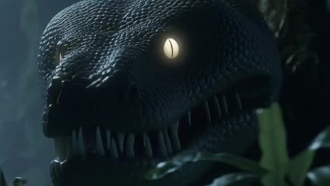 a massive, thick python slithering through a dense and eerie jungle