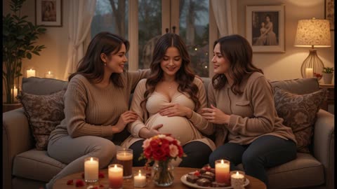 Three Women Share a Valentine’s Kiss – A Pregnant Partner Celebrates Love on a Romantic Date