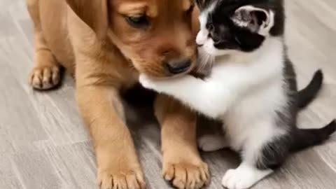 Cute kitten and puppy