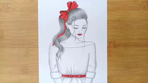 Draw a Cute Girl with a Red Hair Ribbon | Pencil Sketch Tutorial