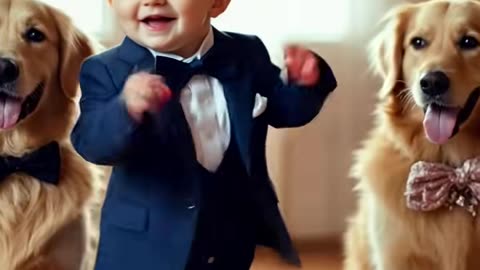 Cute baby dancing with a dog