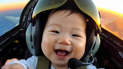 Cute baby flying in the sky with plane