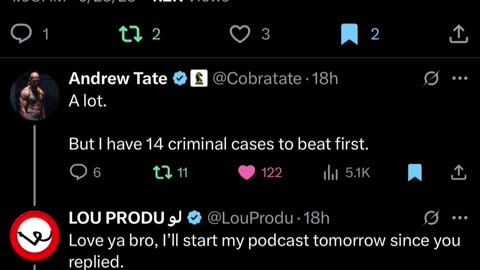 Andrew Tate replying to Lou Produ on X/Twitter and tagging Nick Fuentes