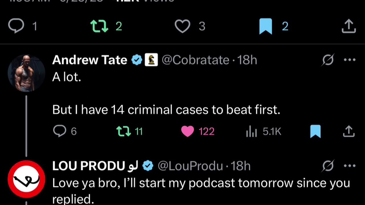 Andrew Tate replying to Lou Produ on X/Twitter and tagging Nick Fuentes