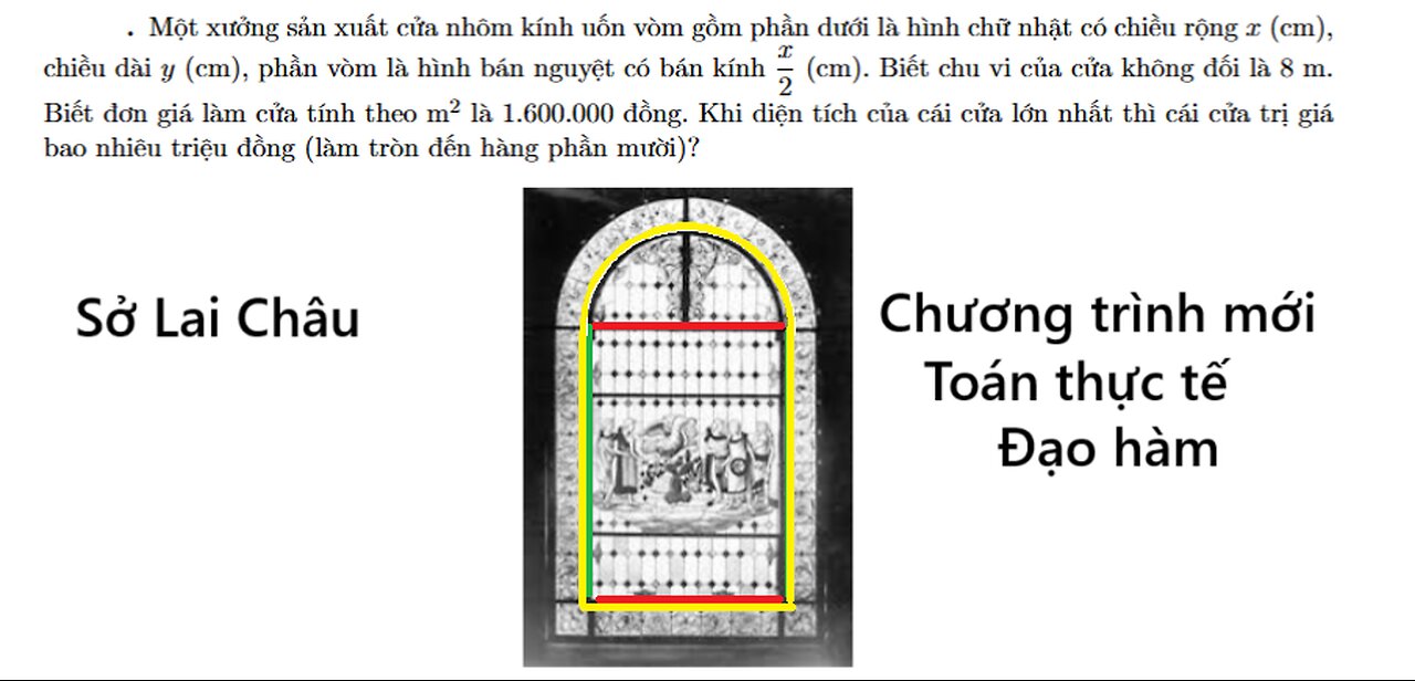 Một xưởng sản xuất cửa nhôm kính uốn vòm gồm phần dưới là hình chữ nhật có chiều rộng x (cm),
