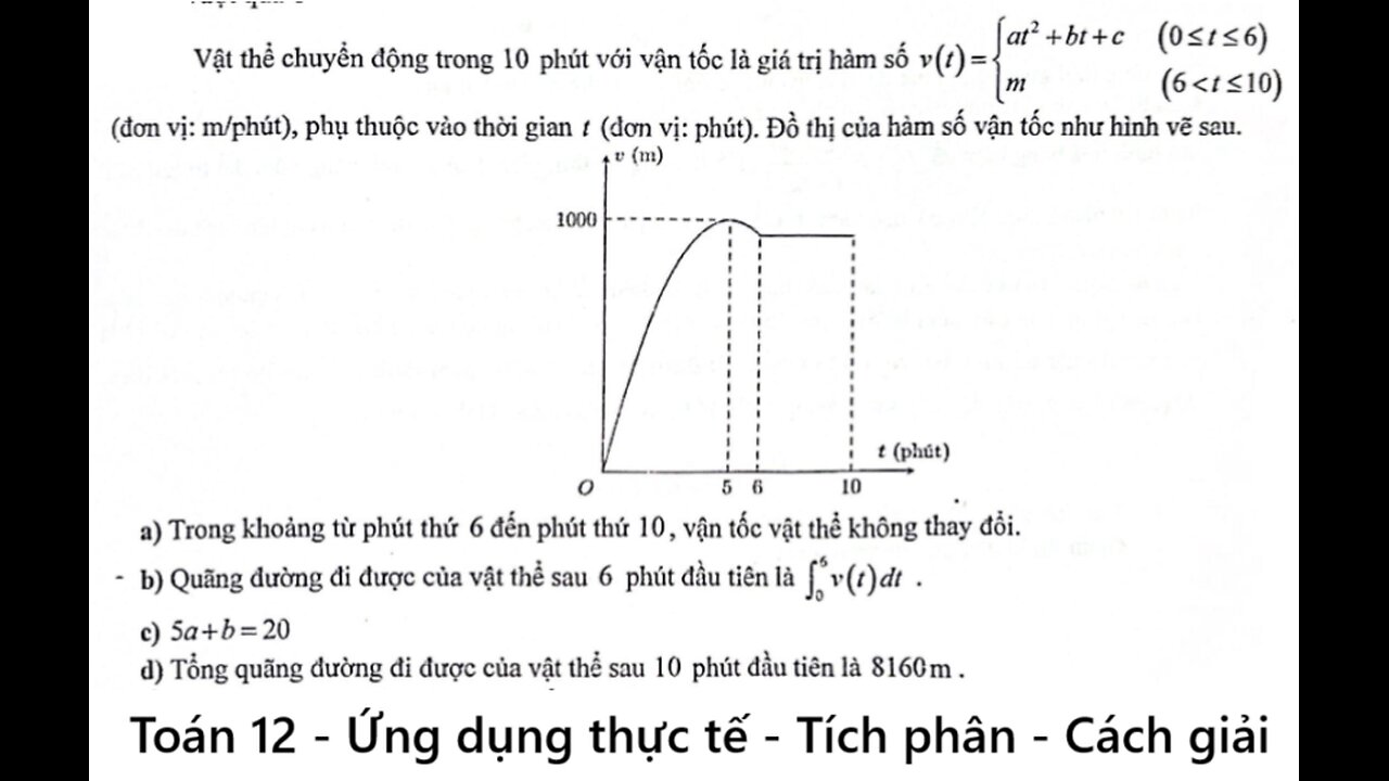 Sở Lào Cai: Toán 12: Vật thể chuyển động trong 10 phút với vận tốc là giá trị hàm số v(t)= at^2+bt+c