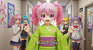 Anime Girl Doll Lime Green kimono Cosplay In Anime School Saying is kawaii Day
