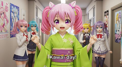Anime Girl Doll Lime Green kimono Cosplay In Anime School Saying is kawaii Day