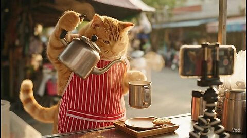 Baristo Cat 🐱☕ Serving Coffee to a Beautiful Lady