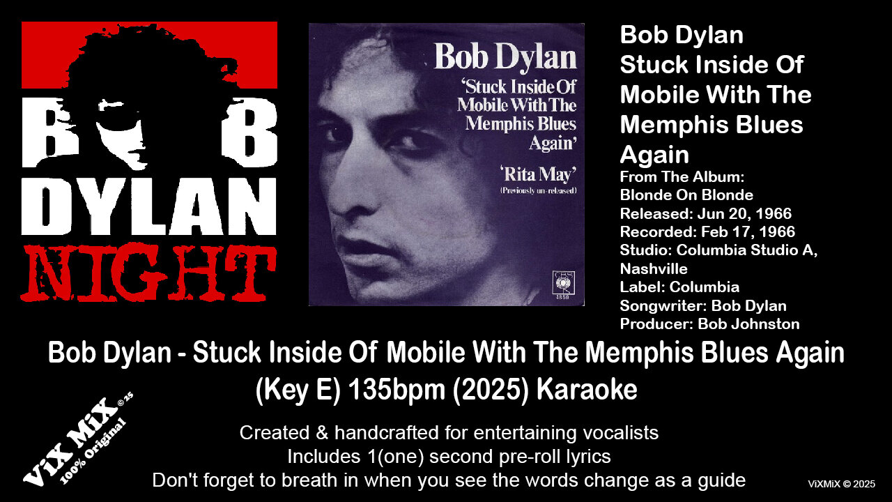Bob Dylan - Stuck Inside Of Mobile With The Memphis Blues Again (Key E) 135bpm (2025) Karaoke