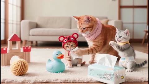 Silver Kitten Tear Paper & Spill Milk – Tiger-Hat Cat Protects Brother with Glass Wound