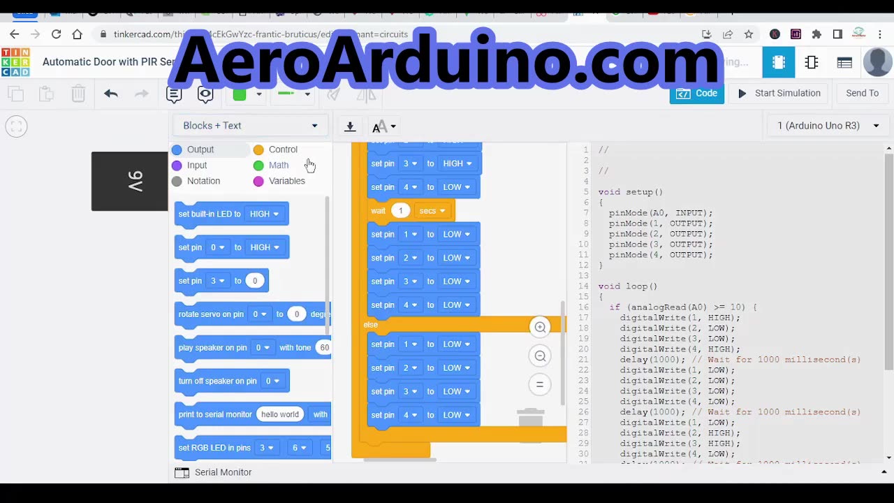 Design PIR Automatic Door Control Circuit - Arduino Tinkercad Codeblocks #AeroArduino