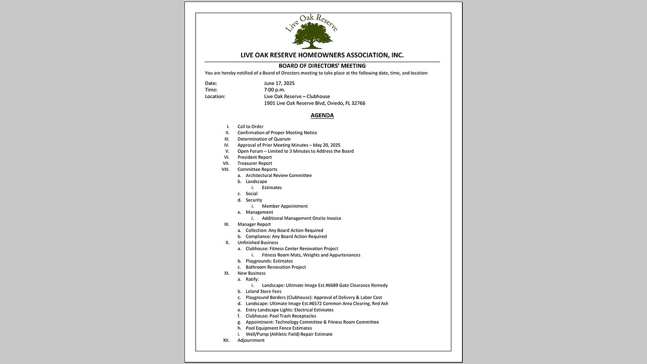 Live Oak Reserve HOA - Board of Directors Meeting 2025-06-17