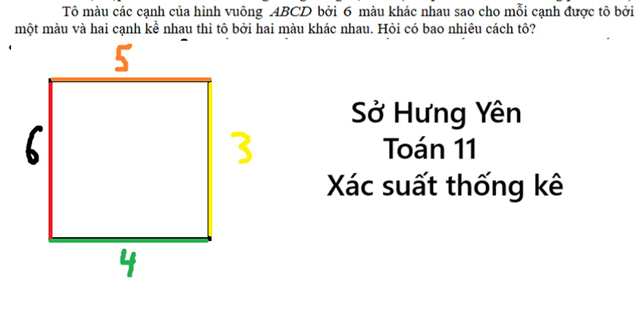 Sở Hưng Yên: Tô màu các cạnh của hình vuôngABCD bởi6 màu khác nhau sao cho mỗi cạnh được