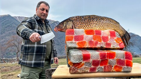 Peixe assado no vulcão e rocambole defumado