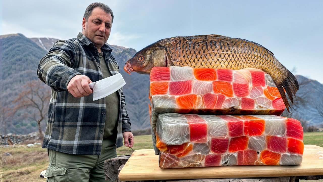 Peixe assado no vulcão e rocambole defumado