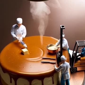 A cake with a fork and some miniature people working around it Ai Video Generator @NanoVisionsAI