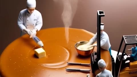A cake with a fork and some miniature people working around it Ai Video Generator @NanoVisionsAI