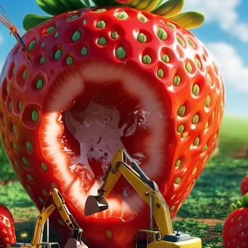 Just spotted a huge strawberry with a little construction vehicle insid