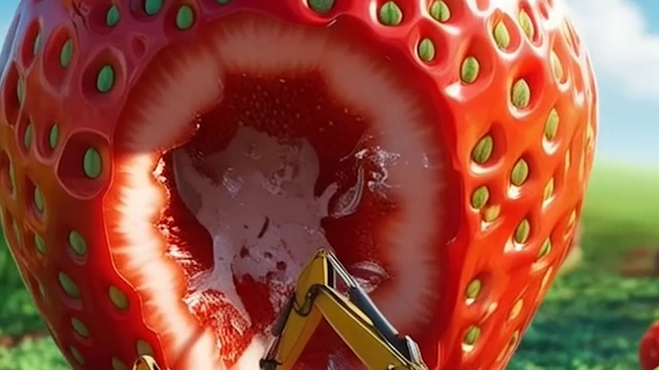 Just spotted a huge strawberry with a little construction vehicle insid