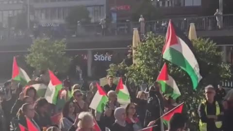 “Protesters gather in Stockholm, Sweden, denunciation of the Israeli murder of journalists in Gaza and demanding an end to the Swedish government’s ties to Israel.”