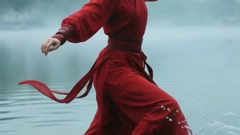 With flying sleeves, she comes on the waves