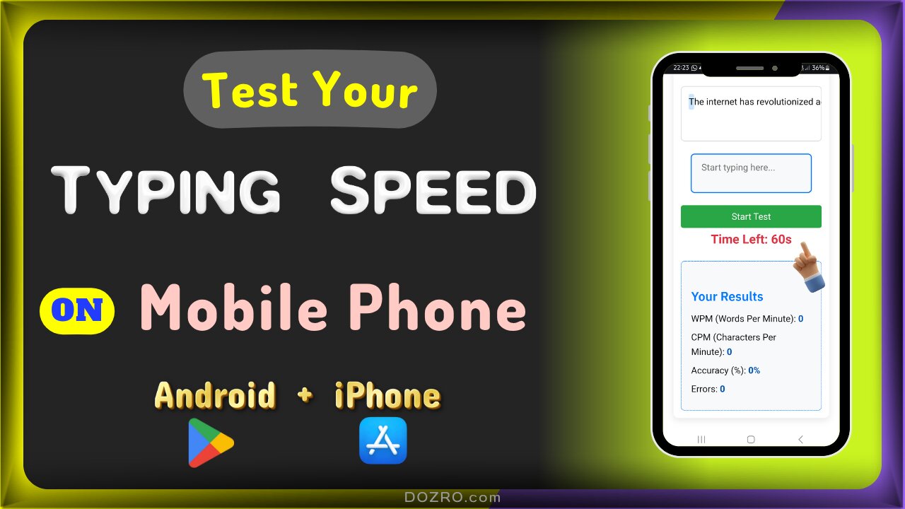 Typing Test Mobile Phone | Check Your Typing Speed Free on Android and iPhone | WPM 1 Minute Timer